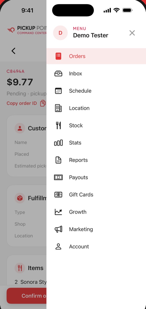 Merchant Command Menu screen