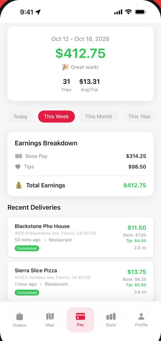 Driver app earnings